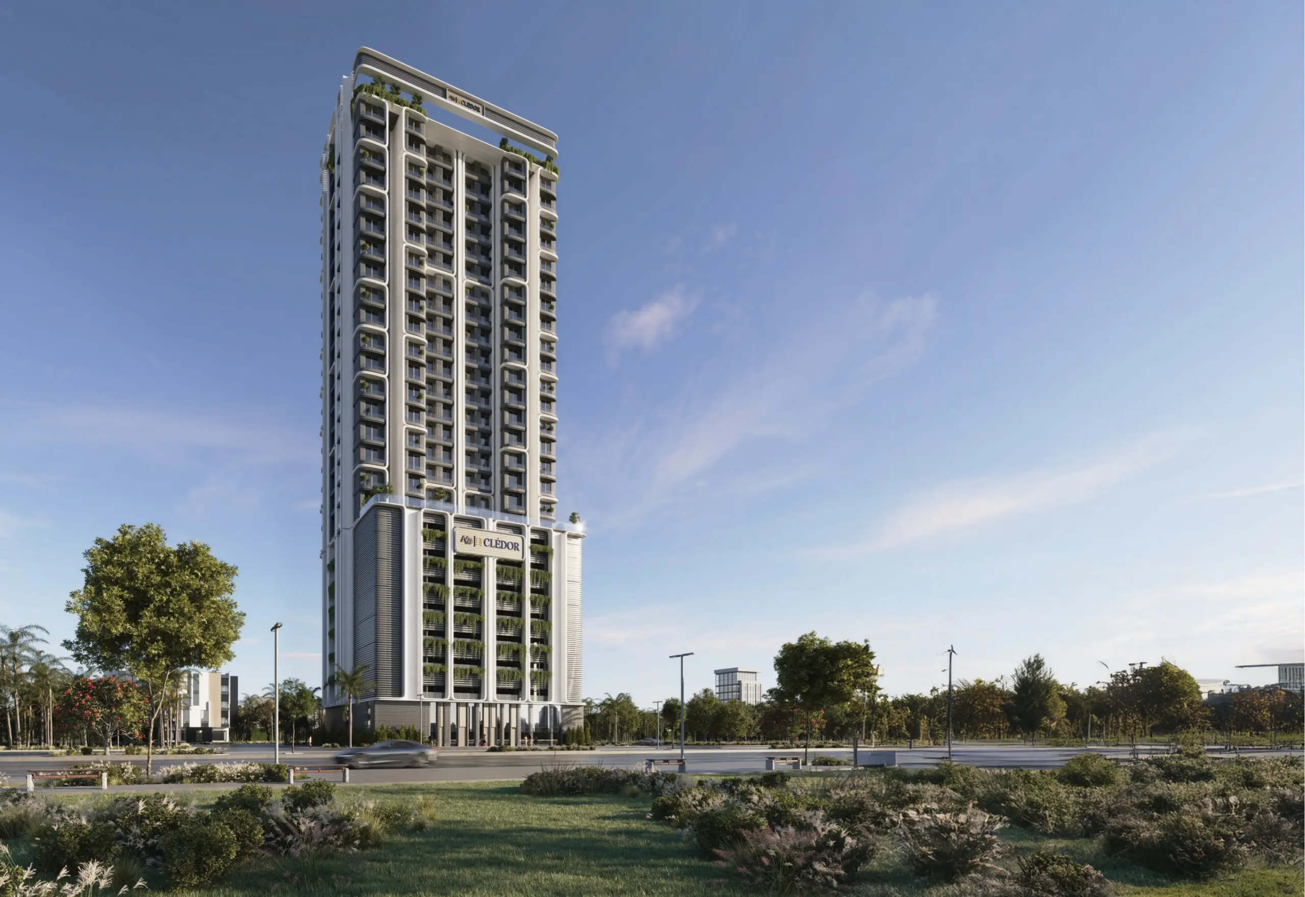 Architectural rendering of the M4 CLÉDOR tower — white and gray facade with podium vertical gardens.